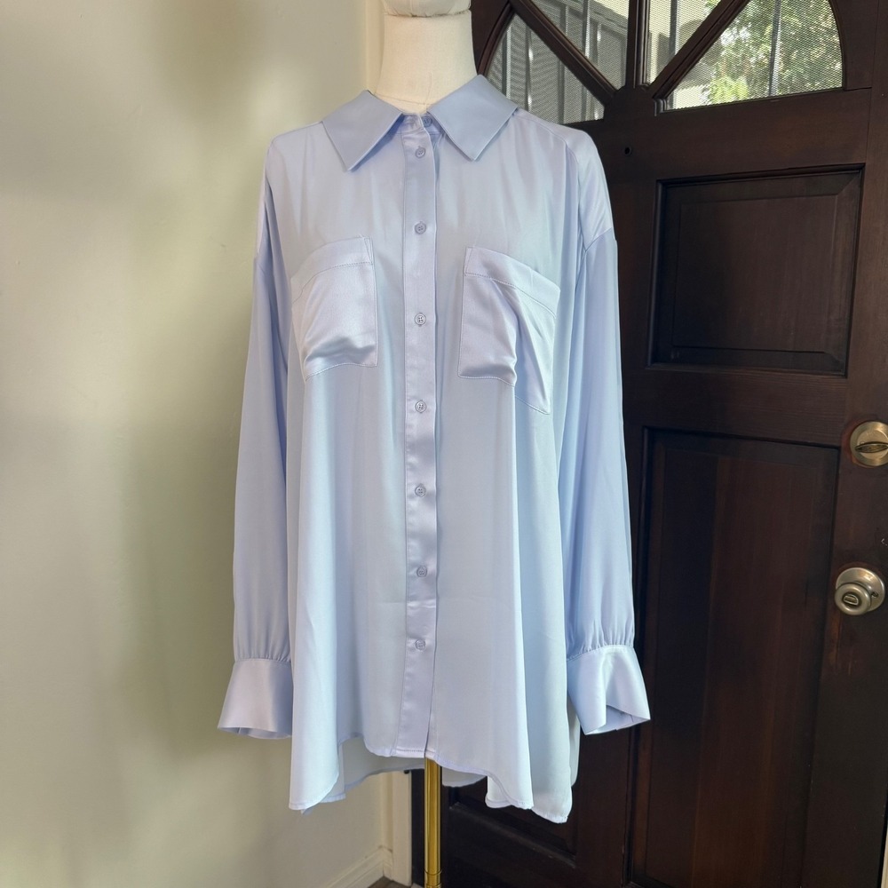Nina Parker Relaxed Oversized Satin Shirt Button Front | Ice Blue | Plus Size 2X